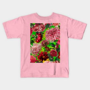 vintage flowers and leaves pattern, botanical pattern, floral illustration, green vintage floral over a Kids T-Shirt